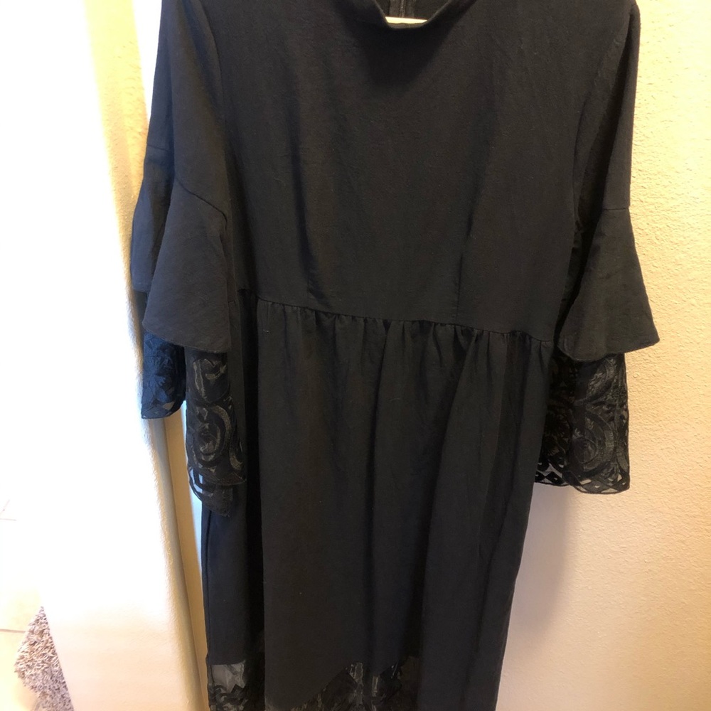 Black dress with lace sleeves and lace trim